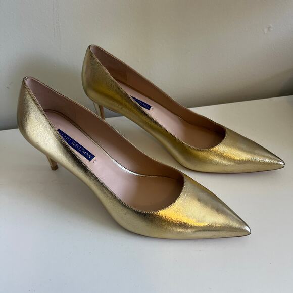 Stuart Weitzman Leather Metallic Gold Pumps 9.5 - Picture 1 of 9